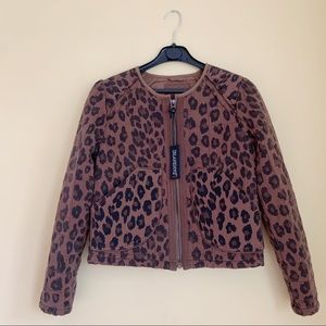 NWT Blank NYC brown quilted fabric leopard print bomber  jacket size XS
